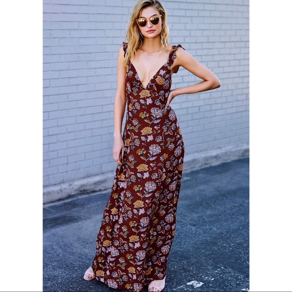Lulu’s Burgundy Floral Print Maxi Dress Tie Back S - Picture 2 of 11